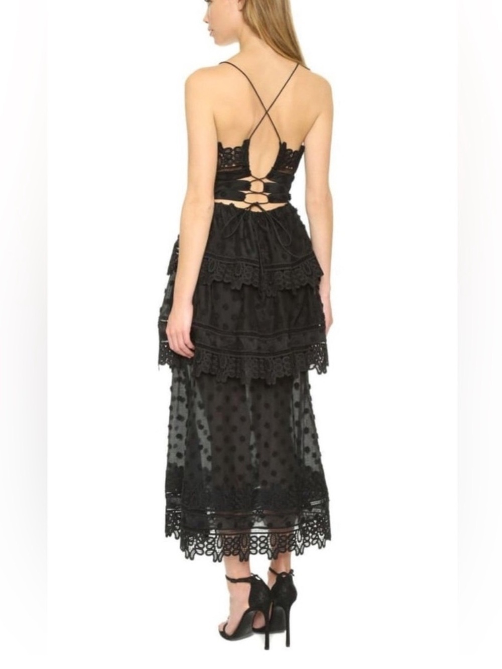 Self-Portrait Ivy Black Lace Tiered Maxi Dress with Polka Dot Mesh US 6 - Picture 2 of 8